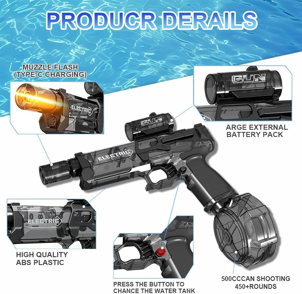 Electric Water Gun for Adults Kids,Automatic High Power Water Squirt Gun with Realistic Led Gun Muzzle Flame,Large Capacity Water Storage Tank 28-32 Ft Range,Summer Outdoor Pool Beach Party Toys