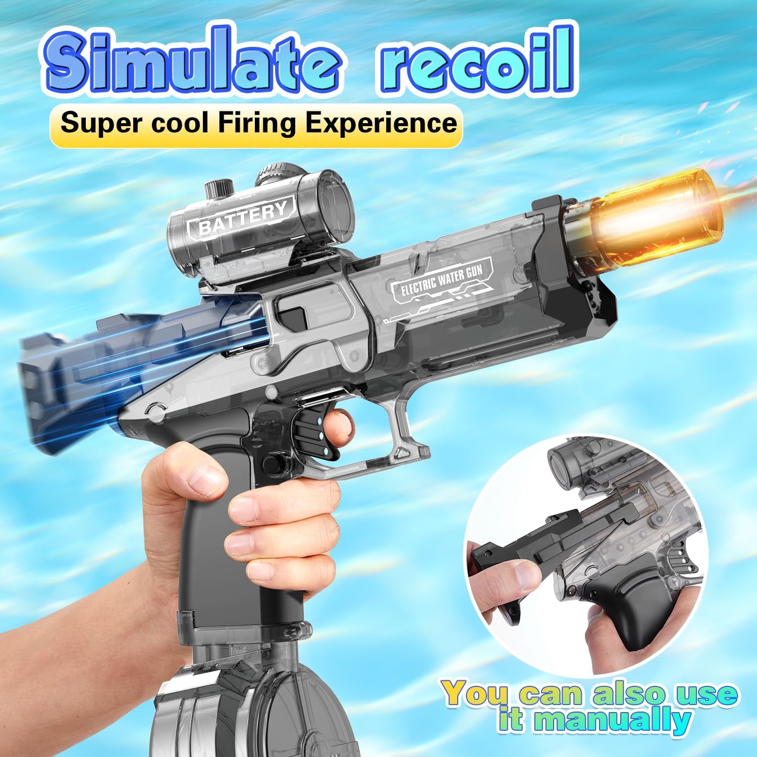 Electric Water Gun for Adults Kids,Automatic High Power Water Squirt Gun with Realistic Led Gun Muzzle Flame,Large Capacity Water Storage Tank 28-32 Ft Range,Summer Outdoor Pool Beach Party Toys